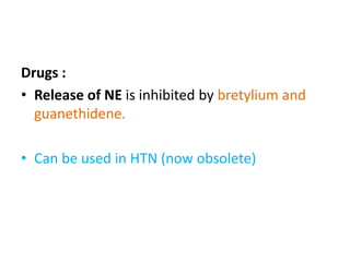 Drugs : 
• Release of NE is inhibited by bretylium and 
guanethidene. 
• Can be used in HTN (now obsolete) 
 