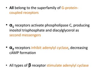 • All belong to the superfamily of G-protein-coupled 
receptors 
• α1 receptors activate phospholipase C, producing 
inositol trisphosphate and diacylglycerol as 
second messengers 
• α2 receptors inhibit adenylyl cyclase, decreasing 
cAMP formation 
• All types of β receptor stimulate adenylyl cyclase 
 