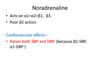 Noradrenaline 
• Acts on α1=α2>β1, β3. 
• Poor β2 action. 
Cardiovascular effects : 
• Raises both SBP and DBP. (because β1-SBP, 
α1-DBP ) 
 
