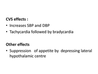 CVS effects : 
• Increases SBP and DBP 
• Tachycardia followed by bradycardia 
Other effects 
• Suppression of appetite by depressing lateral 
hypothalamic centre 
 