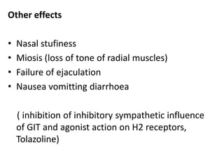 Other effects 
• Nasal stufiness 
• Miosis (loss of tone of radial muscles) 
• Failure of ejaculation 
• Nausea vomitting diarrhoea 
( inhibition of inhibitory sympathetic influence 
of GIT and agonist action on H2 receptors, 
Tolazoline) 
 