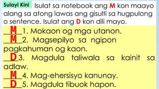 Isulat sa notebook ang M kon maayo
alang sa atong lawas ang gisulti sa hugpulong
o sentence. Isulat ang D kon dili mayo.
_____1. Mokaon og mga utanon.
_____2. Magsepilyo sa ngipon
pagkahuman og kaon.
____3. Magdula taliwala sa kainit sa
adlaw.
_____4. Mag-ehersisyo kanunay.
_____5. Magdula tibuok hapon.
M
M
D
M
D
Sulayi Kini
 