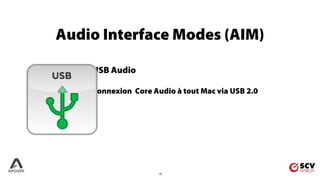 10
USB Audio
Connexion Core Audio à tout Mac via USB 2.0
Audio Interface Modes (AIM)
 