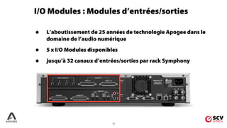 12
• L’aboutissement de 25 années de technologie Apogee dans le
domaine de l’audio numérique
• 5 x I/O Modules disponibles
• jusqu’à 32 canaux d’entrées/sorties par rack Symphony
I/O Modules : Modules d’entrées/sorties
 