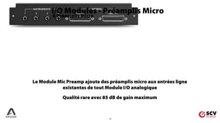 15
8 Préamplis Micro
Le Module Mic Preamp ajoute des préamplis micro aux entrées ligne
existantes de tout Module I/O analogique
Qualité rare avec 85 dB de gain maximum
I/O Modules - Préamplis Micro
 