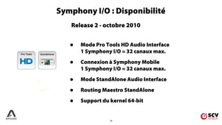 24
Symphony I/O : Disponibilité
Release 2 - octobre 2010
• Mode Pro Tools HD Audio Interface
1 Symphony I/O = 32 canaux max.
• Connexion à Symphony Mobile
1 Symphony I/O = 32 canaux max.
• Mode StandAlone Audio Interface
• Routing Maestro StandAlone
• Support du kernel 64-bit
 