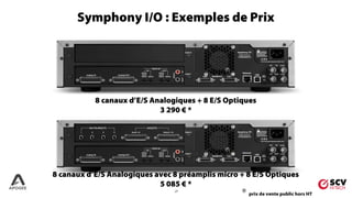 29
8 canaux d’E/S Analogiques avec 8 préamplis micro + 8 E/S Optiques
5 085 € *
8 canaux d’E/S Analogiques + 8 E/S Optiques
3 290 € *
Symphony I/O : Exemples de Prix
* prix de vente public hors HT
29
 