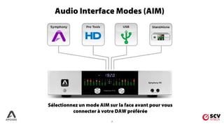 7
Audio Interface Modes (AIM)
Sélectionnez un mode AIM sur la face avant pour vous
connecter à votre DAW préférée
 