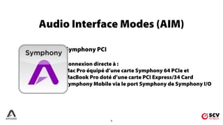 8
Audio Interface Modes (AIM)
Symphony PCI
Connexion directe à :
Mac Pro équipé d’une carte Symphony 64 PCIe et
MacBook Pro doté d’une carte PCI Express/34 Card
Symphony Mobile via le port Symphony de Symphony I/O
 