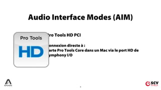 9
Pro Tools HD PCI
Connexion directe à :
Carte Pro Tools Core dans un Mac via le port HD de
Symphony I/O
Audio Interface Modes (AIM)
 