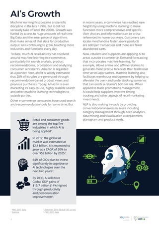 3
1
PWC 2017 data
2
Statista
3
Deloitte’s 2016 Global CIO survey
4
PWC 2017 data
AI’s Growth
Retail and consumer goods
are among the top five
industries in which AI is
being applied1
.
In 2017, the global AI
market was estimated at
$2.4 billion. It is expected to
grow at a CAGR of 50% to
over $59 billion by 20252
.
64% of CIOs plan to invest
significantly in cognitive or
AI technologies over the
next two years3
.
By 2030, AI will drive
Global GDP gains of
$15.7 trillion (14% higher)
through productivity
and personalization
improvements4
.
Machine learning first became a scientific
discipline in the late 1990s. But it did not
seriously take off until the 2000s. Growth was
fueled by access to huge amounts of real time
Big Data and the emergence of algorithms
that make sense of that data for productive
output. AI is continuing to grow, touching more
industries and functions every day.
To date, much AI retail activity has revolved
around machine learning in e-commerce,
particularly for search analysis, product
recommendations, promotions and analyzing
consumer sentiments. Amazon is regarded
as a pioneer here, and it is widely estimated
that 25% of its sales are generated through
recommendation-based product views and
previous purchases. Today, Amazon is even
marketing its easy-to-use, highly scalable search
and other machine learning technologies to
outside parties.
Other e-commerce companies have used search
and recommendation tools for some time. But
in recent years, e-commerce has reached new
heights by using machine learning to make
functions more comprehensive and specific.
User choices and information can be cross-
referenced in numerous ways. Customers can
locate merchandise faster, more products
are sold per transaction and there are fewer
abandoned carts.
Now, retailers and suppliers are applying AI to
areas outside e-commerce. Demand forecasting
that incorporates machine learning, for
example, allows online and offline retailers to
generate more precise forecasts than traditional
time series approaches. Machine learning also
facilitates warehouse management by helping to
alleviate the over- and understocking scenarios
that can erode a retailer’s bottom line. When
applied to trade promotions management,
AI could help suppliers improve timing,
tracking and other aspects of retail marketing
investments.
NLP is also making inroads by providing
conversational answers in areas including
category management through deep analytics,
data mining and visualization at department,
planogram and product levels.
 