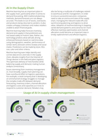 6
AI in the Supply Chain
Machine learning has an important place in
the supply chain, particularly when it comes to
demand forecasting. With traditional planning
methods, demand forecasts are not always
accurate. This leads to out of stocks, overstocks
and products being returned to vendors. It also
creates unhappy customers and makes retailers
unable to attain financial goals.
Machine learning helps forecast inventory,
demand and supply in that predictions are
not based solely on historic data. Rather, the
technology predicts what will sell, driving
enhanced forecasts based on real-time data
using demographics, weather, performance of
similar items and even online reviews and social
media. Predictions can be made by store, SKU,
size, color and other criteria.
Machine learning even helps identify and
correct data errors and risks in the supply
chain, elevates insights from the Internet of
Things devices in the field and plans logistics.
This optimizes delivery of merchandise while
balancing supply and demand, making human
analysis unnecessary.
Issues stemming from inventory management
or, more broadly, supply chain planning can
have a profound effect on logistics operations.
For example, a retail company that is developing
an omnichannel strategy struggles to manage
the complex trade-offs between demand
forecasting, inventory orders, channel allocation
and logistics costs and capacities as it tries to
respond to customer demand. Retailers may
also be facing a multitude of challenges related
to warehouse and DC management. In order
to ensure successful execution, companies
need to take an end-to-end view of the supply
chain, managing the relevant trade-offs and
synchronizing planning and logistics to drive
value. Adoption of machine learning in mapping
varied demand patterns and scenarios for more
effective inventory optimization and channel
allocation could become an important step in
timely replenishment and efficient logistics.
Source: 2018 EIQ Retail Innovation Survey
Plan to use in next
12 to 24 months
Currently use
Replenishment
24%
41%
Inventory planningDemand forecasting
22%
52%
Usage of AI in supply chain management
31%
33%
 