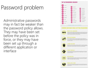 Password problem
Administrative passwords
may in fact be weaker than
the password policy allows.
They may have been set
before the policy was in
force, or they may have
been set up through a
different application or
interface
 