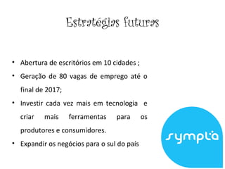 Estratégias futuras
• Abertura de escritórios em 10 cidades ;
• Geração de 80 vagas de emprego até o
final de 2017;
• Investir cada vez mais em tecnologia e
criar mais ferramentas para os
produtores e consumidores.
• Expandir os negócios para o sul do país
 