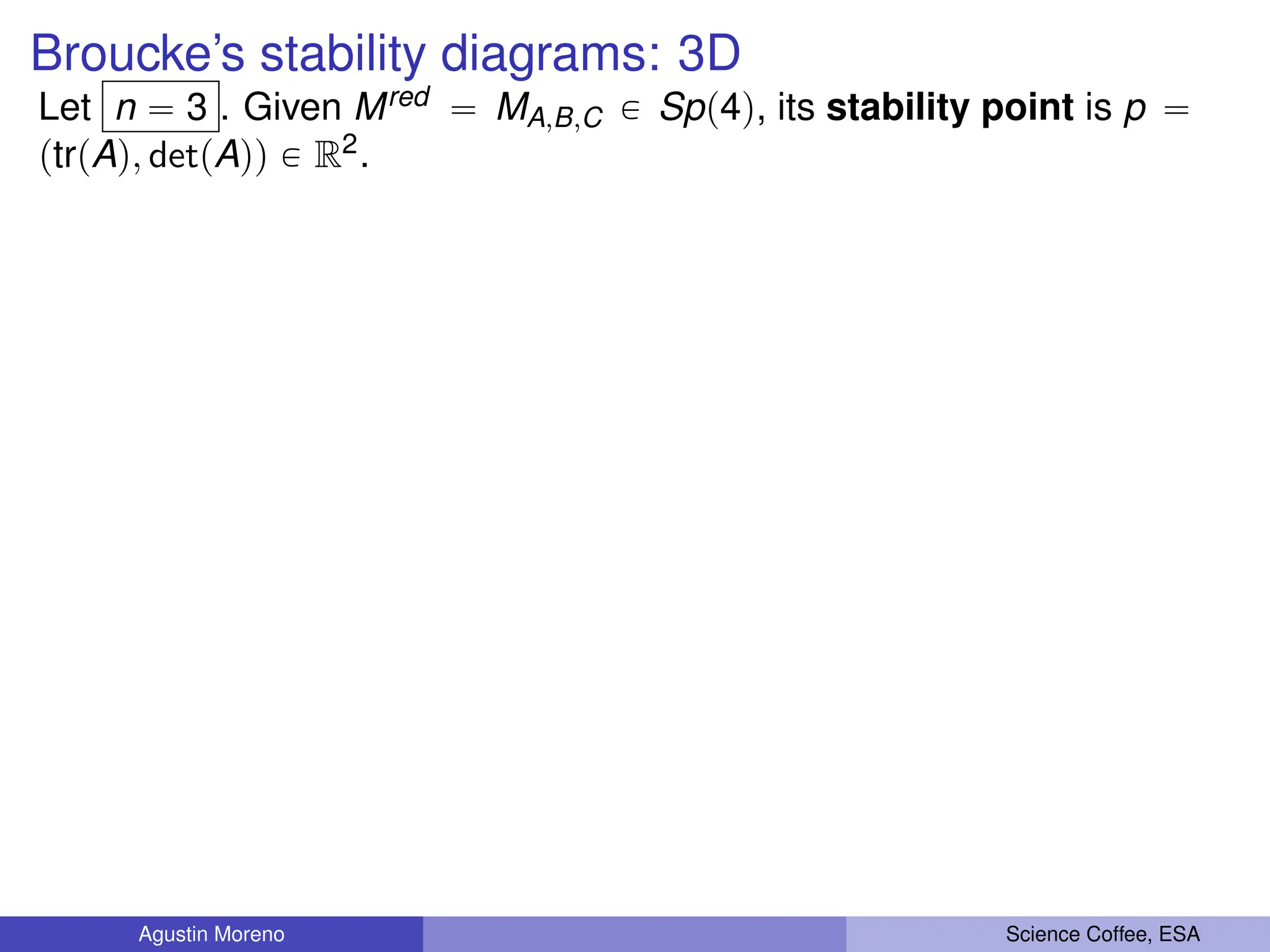 Broucke’s stability diagrams: 3D
Let n “ 3 . Given Mred “ MA,B,C P Spp4q, its stability point is p “
ptrpAq, detpAqq P R2.
Agustin Moreno Science Coffee, ESA
 