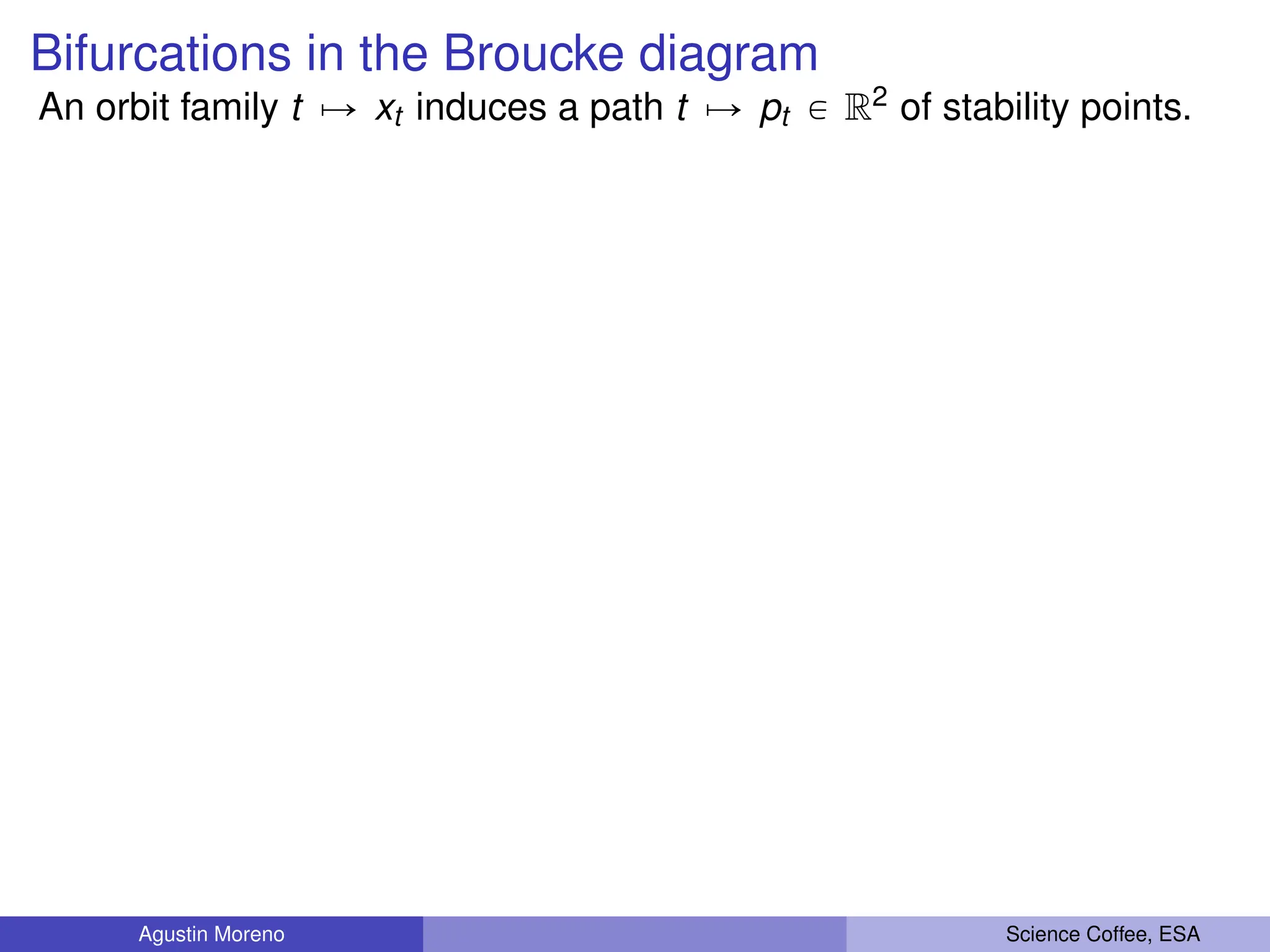 Bifurcations in the Broucke diagram
An orbit family t ÞÑ xt induces a path t ÞÑ pt P R2 of stability points.
Agustin Moreno Science Coffee, ESA
 