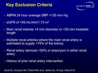 Key Exclusion Criteria
• ABPM 24 hour average SBP <135 mm Hg
• eGFR of <45 mL/min/1.73 m2
• Main renal arteries <4 mm diameter or <20 mm treatable
length
• Multiple renal arteries where the main renal artery is
estimated to supply <75% of the kidney
• Renal artery stenosis >50% or aneurysm in either renal
artery
• History of prior renal artery intervention
Bhatt DL, Kandzari DE, O’Neill WW, et al...Bakris GL. N Engl J Med 2014
 