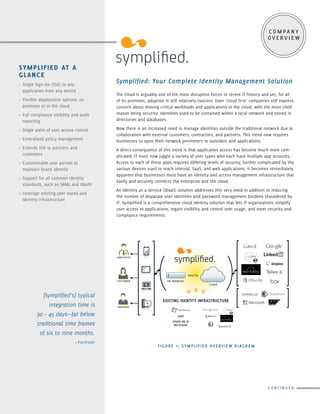 Symplified: Your Complete Identity Management Solution
The cloud is arguably one of the most disruptive forces in recent IT history and yet, for all
of its promises, adoption is still relatively nascent. Even ‘cloud first’ companies still express
concern about moving critical workloads and applications to the cloud, with the most cited
reason being security. Identities used to be contained within a local network and stored in
directories and databases.
Now there is an increased need to manage identities outside the traditional network due to
collaboration with external customers, contractors, and partners. This trend now requires
businesses to open their network perimeters to outsiders and applications.
A direct consequence of this trend is that application access has become much more com-
plicated. IT must now juggle a variety of user types who each have multiple app accounts.
Access to each of these apps requires differing levels of security, further complicated by the
various devices used to reach internal, SaaS, and web applications. It becomes immediately
apparent that businesses must have an identity and access management infrastructure that
easily and securely connects the enterprise and the cloud.
An Identity as a Service (IDaaS) solution addresses this very need in addition to reducing
the number of disparate user identities and password management burdens shouldered by
IT. Symplified is a comprehensive cloud identity solution that lets IT organizations simplify
user access to applications, regain visibility and control over usage, and meet security and
compliance requirements.
EXISTING IDENTITY INFRASTRUCTURE
and/or
PARTNER
CUSTOMER
EMPLOYEE
ON-PREMISES
CLOUD
LDAP
OTHER DBS &
REST/SOAP
FIGURE 1: SYMPLIFIED OVERVIEW DIAGRAM
company
overview
SYMPLIFIED AT A
GLANCE
» Single Sign-On (SSO) to any
application from any device
» Flexible deployment options: on
premises or in the cloud
» Full compliance visibility and audit
reporting
» Single point of user access control
» Centralized policy management
» Extends SSO to partners and
customers
» Customizable user portals to
maintain brand identity
» Support for all common identity
standards, such as SAML and OAuth
» Leverage existing user stores and
identity infrastructure
[Symplified’s] typical
integration time is
30 – 45 days—far below
traditional time frames
of six to nine months.
—Forrester
continued
 