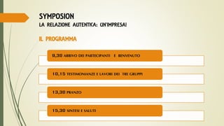 SYMPOSION
LA RELAZIONE AUTENTICA: UN’IMPRESA!
IL PROGRAMMA
9,30 ARRIVO DEI PARTECIPANTI E BENVENUTO
10,15 TESTIMONIANZE E LAVORI DEI TRE GRUPPI
13,30 PRANZO
15,30 SINTESI E SALUTI
 