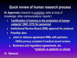 Quick review of human research process
III. Approvals (research is published, adds to body of
knowledge; other communications ‘reports’)
1. Certification of training in the protection of human
subjects* (NIH, CITI) for personnel
2. Institutional Review Board (IRB) approval for protocol
3. Possibly also:
a. Joint or reliance agreement IRBs with partners,
- HIPAA privacy compliant if medical record reviews
b. Business and regulatory agreements, etc.
*subjects vs patients vs clients
IV. Network
 