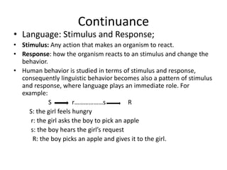 Continuance
• Language: Stimulus and Response;
• Stimulus: Any action that makes an organism to react.
• Response: how the organism reacts to an stimulus and change the
behavior.
• Human behavior is studied in terms of stimulus and response,
consequently linguistic behavior becomes also a pattern of stimulus
and response, where language plays an immediate role. For
example:
S r………………s R
S: the girl feels hungry
r: the girl asks the boy to pick an apple
s: the boy hears the girl’s request
R: the boy picks an apple and gives it to the girl.
 