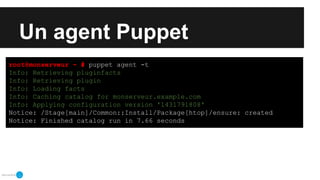 Un agent Puppet
root@monserveur ~ # puppet agent -t
Info: Retrieving pluginfacts
Info: Retrieving plugin
Info: Loading facts
Info: Caching catalog for monserveur.example.com
Info: Applying configuration version '1431791808'
Notice: /Stage[main]/Common::Install/Package[htop]/ensure: created
Notice: Finished catalog run in 7.66 seconds
 