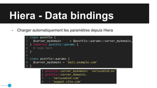 Hiera - Data bindings
- Charger automatiquement les paramètres depuis Hiera
 