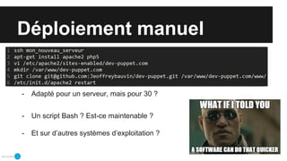Déploiement manuel
- Adapté pour un serveur, mais pour 30 ?
- Un script Bash ? Est-ce maintenable ?
- Et sur d’autres systèmes d’exploitation ?
 