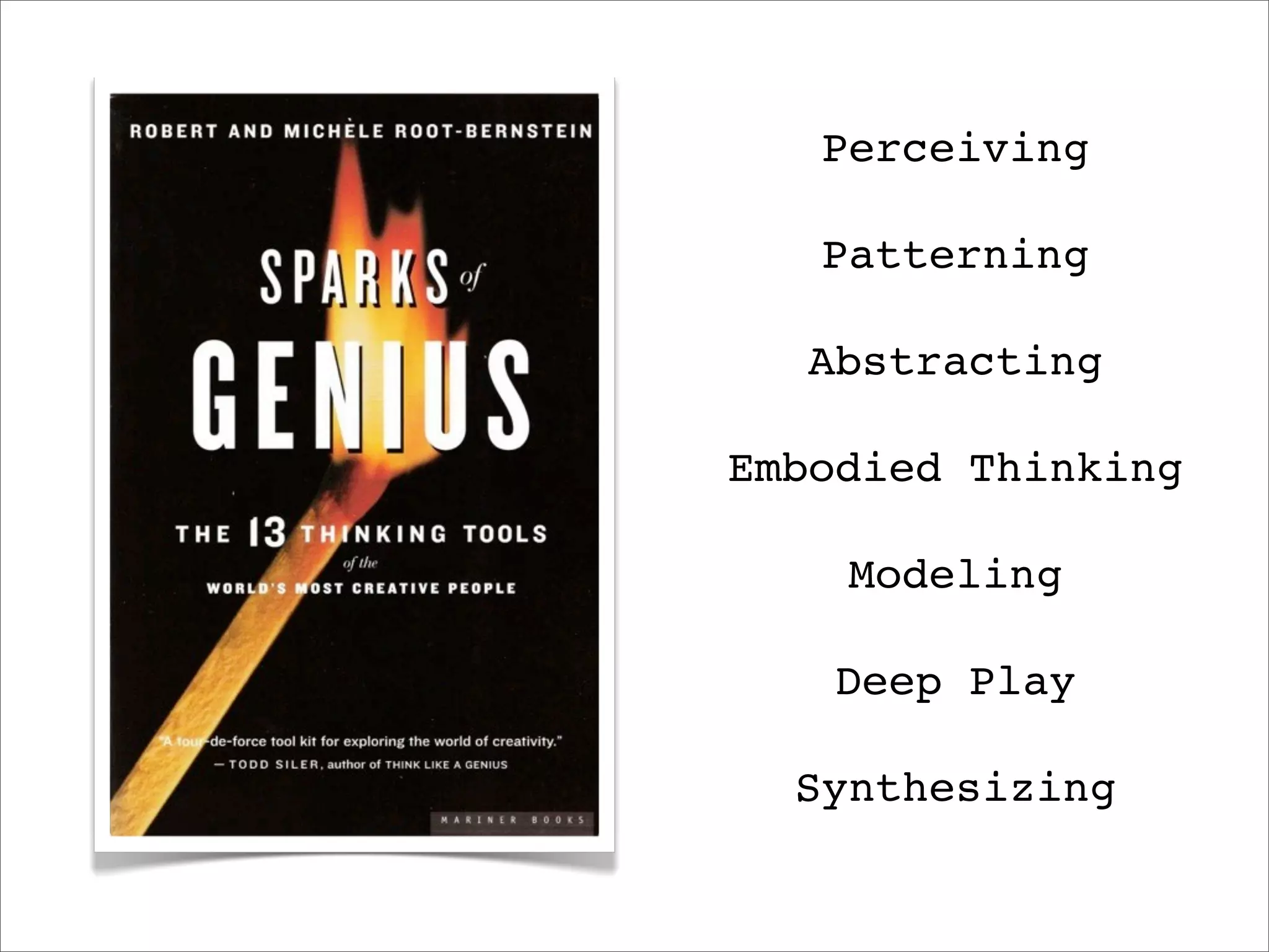 Perceiving

   Patterning

   Abstracting

Embodied Thinking

    Modeling

    Deep Play

  Synthesizing
 