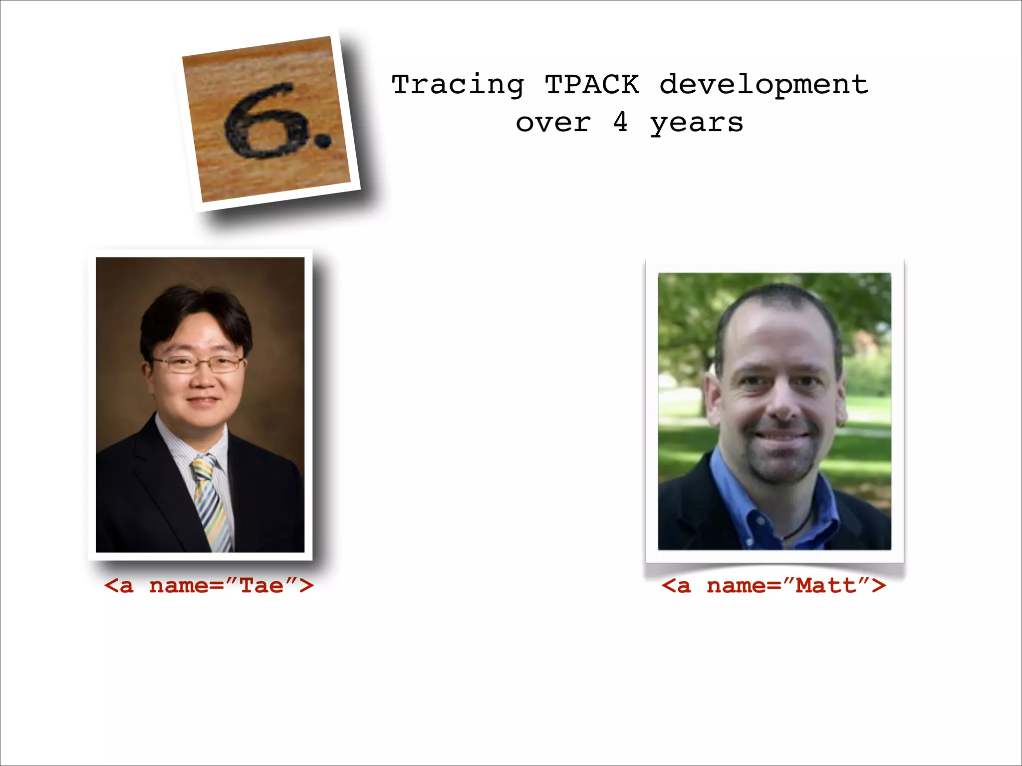 Tracing TPACK development
                        over 4 years




<a name=”Tae”>                 <a name=”Matt”>
 
