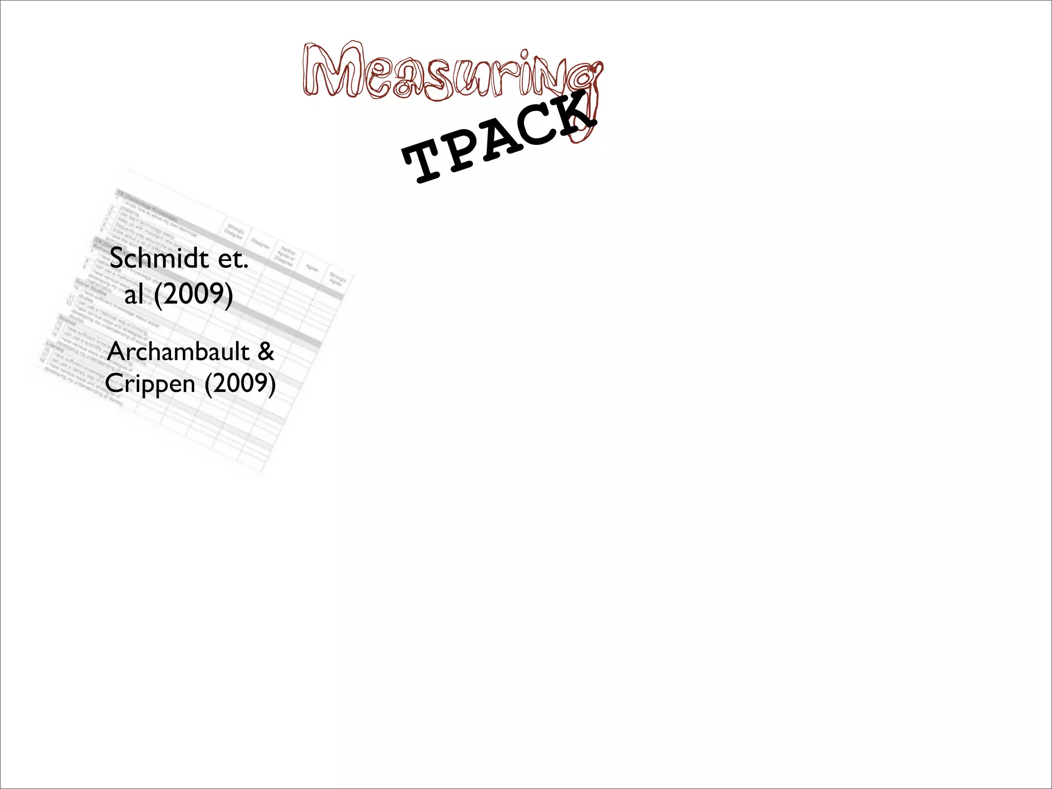 Measuring
                        PA CK
                    T
Schmidt et.
 al (2009)
Archambault &
Crippen (2009)
 