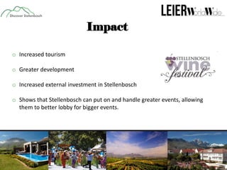 Impact
o Increased tourism
o Greater development
o Increased external investment in Stellenbosch
o Shows that Stellenbosch can put on and handle greater events, allowing
them to better lobby for bigger events.

 