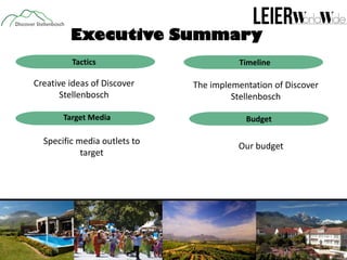 Executive Summary
Tactics

Timeline

Creative ideas of Discover
Stellenbosch

The implementation of Discover
Stellenbosch

Target Media

Specific media outlets to
target

Budget

Our budget

 