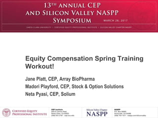 Equity Compensation Spring Training
Workout!
Jane Platt, CEP, Array BioPharma
Madori Playford, CEP, Stock & Option Solutions
Neta Pyasi, CEP, Solium
 