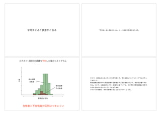 平均をとると誤差がとれる 「平均をとると誤差がとれる」という統計の性質があります。
期末試験
合格者
習熟度
期末試験
不合格者
人数
Histogram of ABAAALCTSF$ABAsuccess
ABAAALCTSF$ABAsuccess
Frequency
-2 -1 0 1 2
051015202530
小テスト14回分の成績を平均した値のヒストグラム
合格者と不合格者の区別はつきにくい
習熟度の平均
人数
そこで、15回にわたる小テストの平均をとり、学生全員についてヒストグラムを作っ
てみました。
期末試験合格者の中に期末試験不合格者はすっぽり埋もれていて、両者を分離できま
せん。つまり、1回1回の小テストを個々に見ていても、どの学生が期末試験に失敗す
るかを予測できないということになります。
小テストの成績は、学生の指導に役に立たないのでしょうか。
 