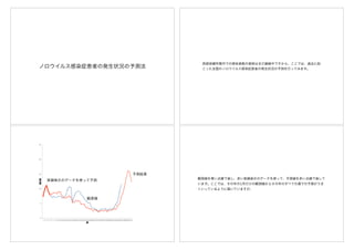 ノロウイルス感染症患者の発生状況の予測法
西部保健所菅内での感染者数の推移はまだ継続中ですから、ここでは、過去に起
こった全国のノロウイルス感染症患者の発生状況の予測を行ってみます。
2"
0"
5"
10"
15"
20"
25"
1" 2" 3" 4" 5" 6" 7" 8" 9" 10"11"12"13"14"15"16"17"18"19"20"21"22"23"24"25"26"27"28"29"30"31"32"33"34"35"36"37"38"39"40"41"42"43"44"45"46"47"48"49"50"51"52"
	
!
!
12
5
5
Prediction by using 1-5 weeks data
Number"of"pa6ents
weeks
実線表示のデータを使って予測
観測値
予測結果
観測値を青い点線で表し、赤い実線表示のデータを使って、予測値を赤い点線で表して
います。ここでは、その年の1月だけの観測値からその年のすべての週での予測がうま
くいっているように描いていますが、
 