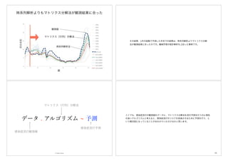 時系列解析よりもマトリクス分解法が観測結果に合った
マトリクス（行列）分解法
その結果、1月の段階で予測した年末での結果は、時系列解析よりマトリクス分解
法が観測結果に合ったのです。機械学習が統計解析を上回った事例です。
データ . アルゴリズム 予測
感染症流行観測値
マトリクス（行列）分解法
感染症流行予測
© Hideo Hirose 120
ここでも、感染症流行の観測値をデータに、マトリクス分解法を流行予測を行うのに相性
の良いアルゴリズムと考えると、感染症流行のリスクを低減させるために予測を行う、と
いう模式図になっていることがおわかりいただけるかと思います。
 