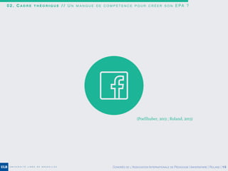 0 2 . C A D R E T H É O R I Q U E / / U N M A N Q U E D E C O M P É T E N C E P O U R C R É E R S O N E PA ?
(Poellhuber, 2013 ; Roland, 2013)
CONGRÈS DE L’ASSOCIATION INTERNATIONALE DE PÉDAGOGIE UNIVERSITAIRE | ROLAND | 15
 