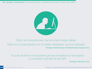 0 2 . C A D R E T H É O R I Q U E / / U N M A N Q U E D E C O M P É T E N C E P O U R C R É E R S O N E PA ?
Déﬁcit de compréhension réel de la technologie utilisée
Déﬁcit de conceptualisation lié à la faible verbalisation de leurs pratiques
Fluckiger (2008), Fluckiger & Bruillard (2008), Dauphin (2012)
Tous les étudiants ne possèdent pas les compétences nécessaires
à une gestion optimale de leur EPA
(Dabbagh et Kitsantas, 2012)
CONGRÈS DE L’ASSOCIATION INTERNATIONALE DE PÉDAGOGIE UNIVERSITAIRE | ROLAND | 17
 