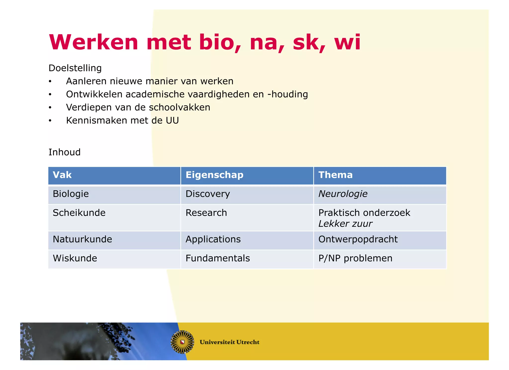 Werken met bio, na, sk, wi
Doelstelling
• Aanleren nieuwe manier van werken
• Ontwikkelen academische vaardigheden en -houding
• Verdiepen van de schoolvakken
• Kennismaken met de UU
Inhoud
Vak Eigenschap Thema
Biologie Discovery Neurologie
Scheikunde Research Praktisch onderzoek
Lekker zuur
Natuurkunde Applications Ontwerpopdracht
Wiskunde Fundamentals P/NP problemen
 