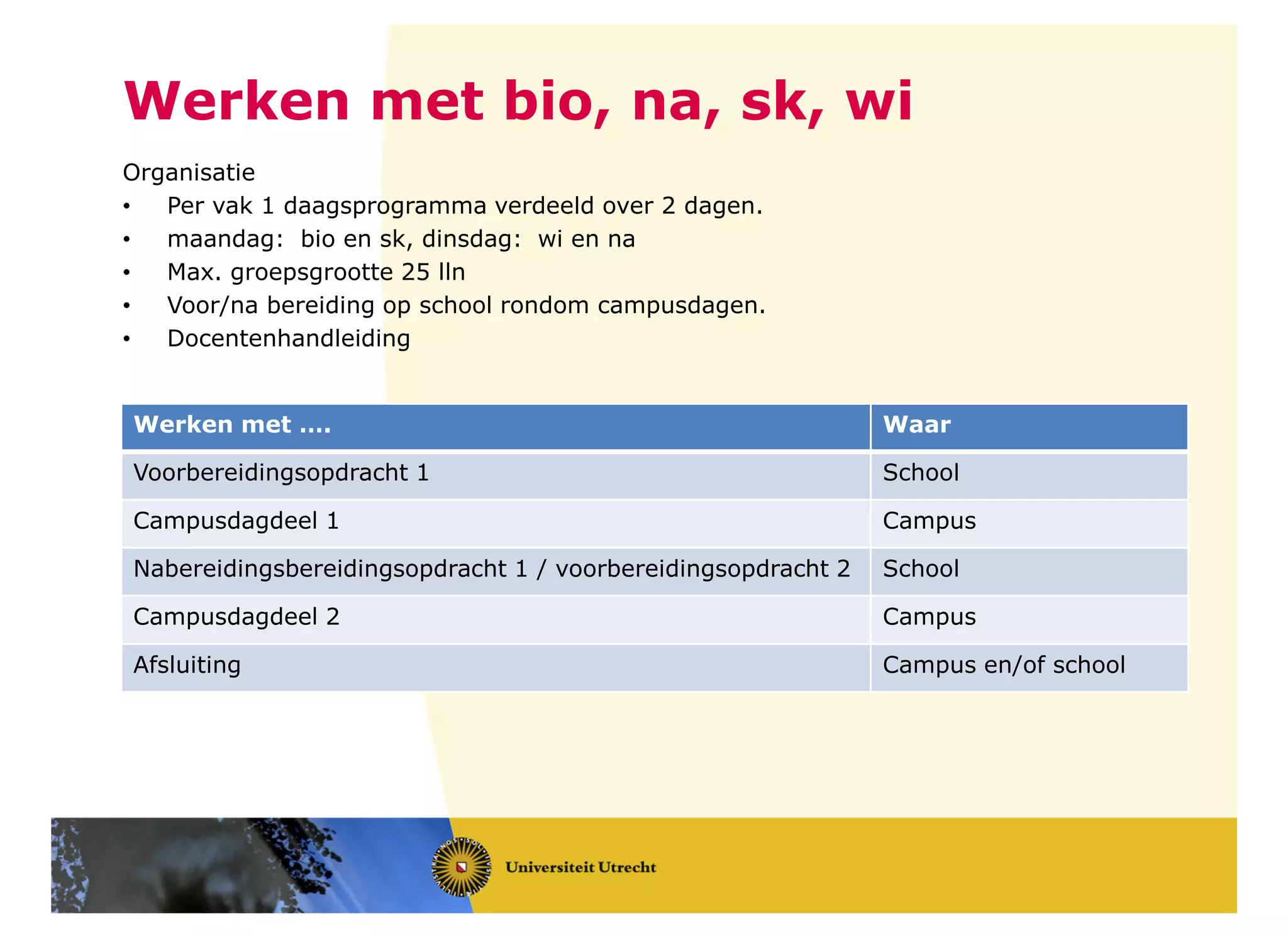 Werken met bio, na, sk, wi
Organisatie
• Per vak 1 daagsprogramma verdeeld over 2 dagen.
• maandag: bio en sk, dinsdag: wi en na
• Max. groepsgrootte 25 lln
• Voor/na bereiding op school rondom campusdagen.
• Docentenhandleiding
Werken met …. Waar
Voorbereidingsopdracht 1 School
Campusdagdeel 1 Campus
Nabereidingsbereidingsopdracht 1 / voorbereidingsopdracht 2 School
Campusdagdeel 2 Campus
Afsluiting Campus en/of school
 