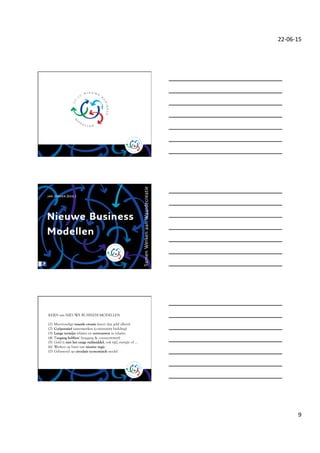 22-­‐06-­‐15	
 
9	
 
OCF
2.0
n i e u w e
b
usiness
m
o
d e l l e n
KERN van NIEUWE BUSINESS MODELLEN
(1) Meervoudige waarde creatie (meer dan geld alleen)
(2) Coöperatief samenwerken (community building)
(3) Lange termijn relaties en vertrouwen in relaties
(4) Toegang hebben’ (toegang & connectiviteit)
(5)  Geld is niet het enige ruilmiddel; ook tijd, energie of ...
(6)  Werken op basis van nieuwe regie
(7)  Gebaseerd op circulair economisch model
 