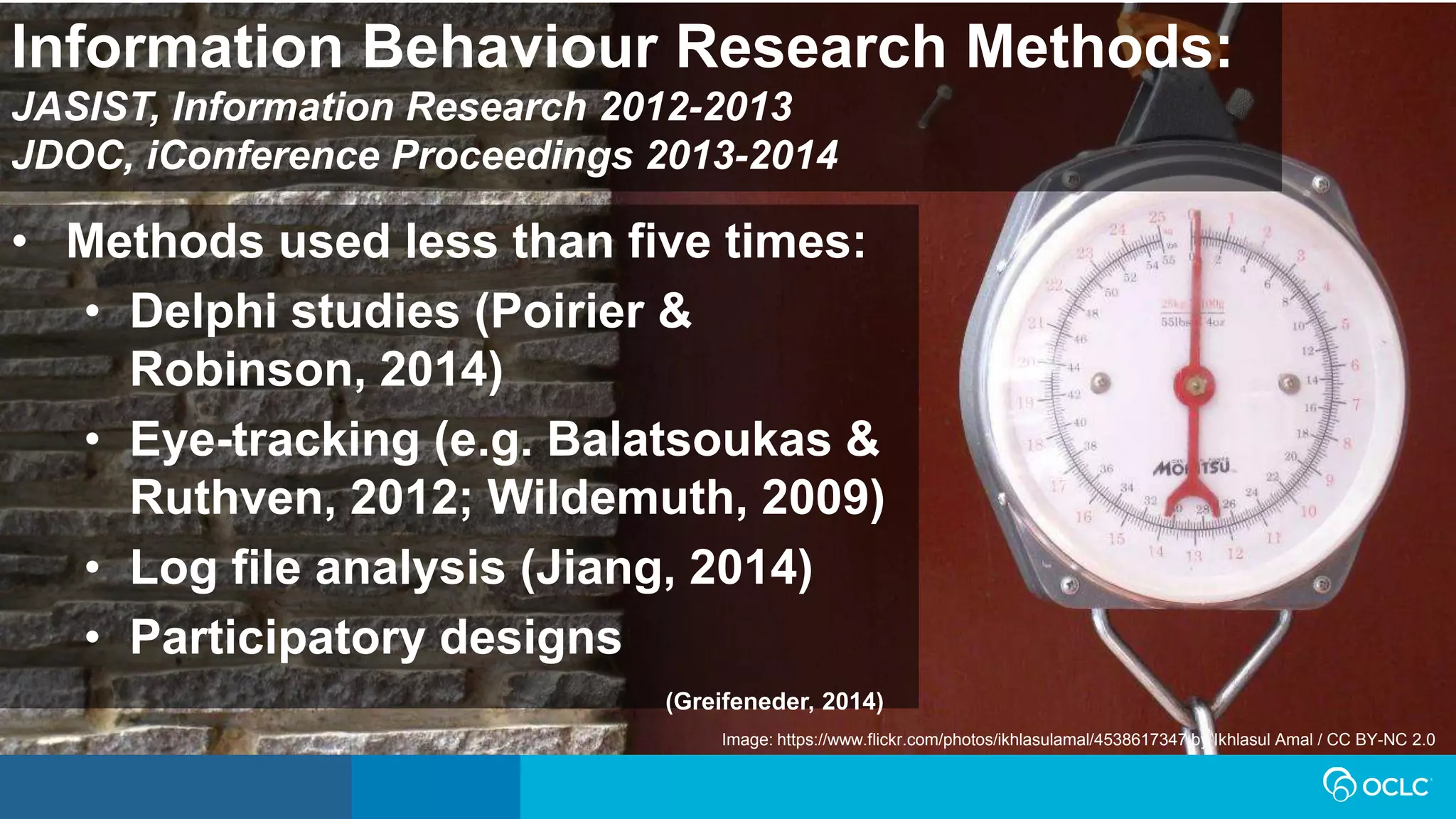 Image: https://www.flickr.com/photos/ikhlasulamal/4538617347 by Ikhlasul Amal / CC BY-NC 2.0
Information Behaviour Research Methods:
JASIST, Information Research 2012-2013
JDOC, iConference Proceedings 2013-2014
• Methods used less than five times:
• Delphi studies (Poirier &
Robinson, 2014)
• Eye-tracking (e.g. Balatsoukas &
Ruthven, 2012; Wildemuth, 2009)
• Log file analysis (Jiang, 2014)
• Participatory designs
(Greifeneder, 2014)
 