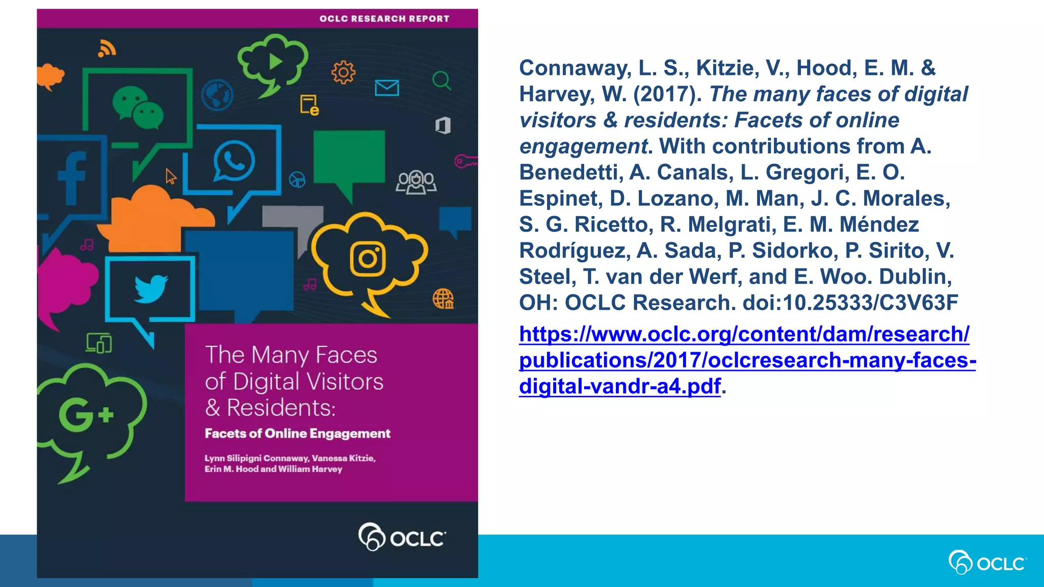 Connaway, L. S., Kitzie, V., Hood, E. M. &
Harvey, W. (2017). The many faces of digital
visitors & residents: Facets of online
engagement. With contributions from A.
Benedetti, A. Canals, L. Gregori, E. O.
Espinet, D. Lozano, M. Man, J. C. Morales,
S. G. Ricetto, R. Melgrati, E. M. Méndez
Rodríguez, A. Sada, P. Sidorko, P. Sirito, V.
Steel, T. van der Werf, and E. Woo. Dublin,
OH: OCLC Research. doi:10.25333/C3V63F
https://www.oclc.org/content/dam/research/
publications/2017/oclcresearch-many-faces-
digital-vandr-a4.pdf.
 