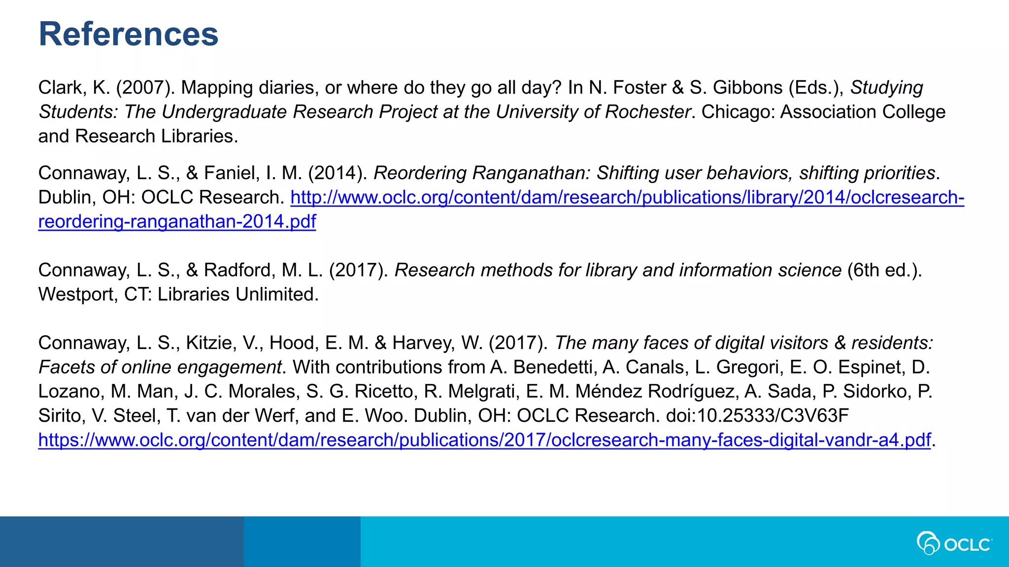 References
Clark, K. (2007). Mapping diaries, or where do they go all day? In N. Foster & S. Gibbons (Eds.), Studying
Students: The Undergraduate Research Project at the University of Rochester. Chicago: Association College
and Research Libraries.
Connaway, L. S., & Faniel, I. M. (2014). Reordering Ranganathan: Shifting user behaviors, shifting priorities.
Dublin, OH: OCLC Research. http://www.oclc.org/content/dam/research/publications/library/2014/oclcresearch-
reordering-ranganathan-2014.pdf
Connaway, L. S., & Radford, M. L. (2017). Research methods for library and information science (6th ed.).
Westport, CT: Libraries Unlimited.
Connaway, L. S., Kitzie, V., Hood, E. M. & Harvey, W. (2017). The many faces of digital visitors & residents:
Facets of online engagement. With contributions from A. Benedetti, A. Canals, L. Gregori, E. O. Espinet, D.
Lozano, M. Man, J. C. Morales, S. G. Ricetto, R. Melgrati, E. M. Méndez Rodríguez, A. Sada, P. Sidorko, P.
Sirito, V. Steel, T. van der Werf, and E. Woo. Dublin, OH: OCLC Research. doi:10.25333/C3V63F
https://www.oclc.org/content/dam/research/publications/2017/oclcresearch-many-faces-digital-vandr-a4.pdf.
 