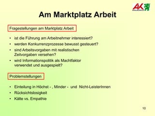 Am Marktplatz Arbeit
Fragestellungen am Marktplatz Arbeit
• ist die Führung am Arbeitnehmer interessiert?
• werden Konkurrenzprozesse bewusst gesteuert?
• sind Arbeitsvorgaben mit realistischen
Zeitvorgaben versehen?
• wird Informationspolitik als Machtfaktor
verwendet und ausgespielt?
Problemstellungen

• Einteilung in Höchst - , Minder - und Nicht-LeisterInnen
• Rücksichtslosigkeit
• Kälte vs. Empathie
10

 