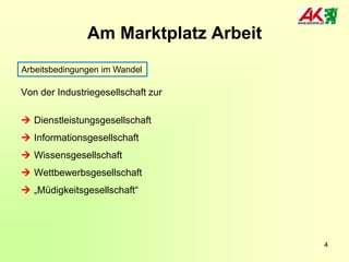 Am Marktplatz Arbeit
Arbeitsbedingungen im Wandel

Von der Industriegesellschaft zur
 Dienstleistungsgesellschaft
 Informationsgesellschaft
 Wissensgesellschaft
 Wettbewerbsgesellschaft
 „Müdigkeitsgesellschaft“

4

 