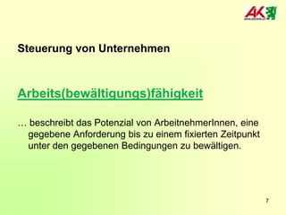 Steuerung von Unternehmen

Arbeits(bewältigungs)fähigkeit
… beschreibt das Potenzial von ArbeitnehmerInnen, eine
gegebene Anforderung bis zu einem fixierten Zeitpunkt
unter den gegebenen Bedingungen zu bewältigen.

7

 