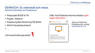 DENNOCH: Es entwickelt sich etwas
Zahlreiche Aktivitäten auf Projektebene
 Pilotprojekt BVDD & TK
 Projekt „TeleArzt“
 Anpassung Berufsordnung ÄK BaWü
 AXA & Hausärzteverband
 …
„Fernverschreibungsverbot“
UND: Arzt-Patienten-Kommunikation geht
sogar asynchron …
1514.11.2016 |Patienten im digitalen Wandel
„Etwa ein Drittel der
Praxisbesuche unnötig“
(Ärzte Zeitung, 08.11.16)
 