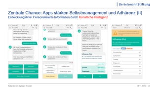 Zentrale Chance: Apps stärken Selbstmanagement und Adhärenz (II)
Entwicklungslinie: Personalisierte Information durch Künstliche Intelligenz
2814.11.2016 |Patienten im digitalen Wandel
 